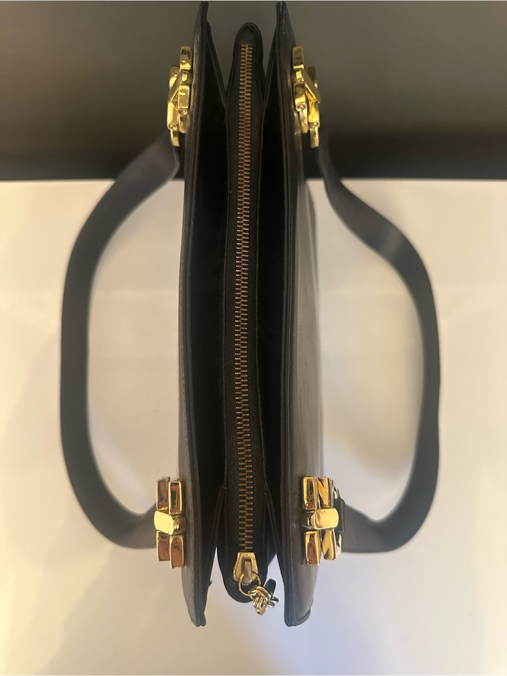 Ferragamo Gancini Black Leather Tote Purse Gold Large 2 Handle Structured Y2K - Picture 9 of 15